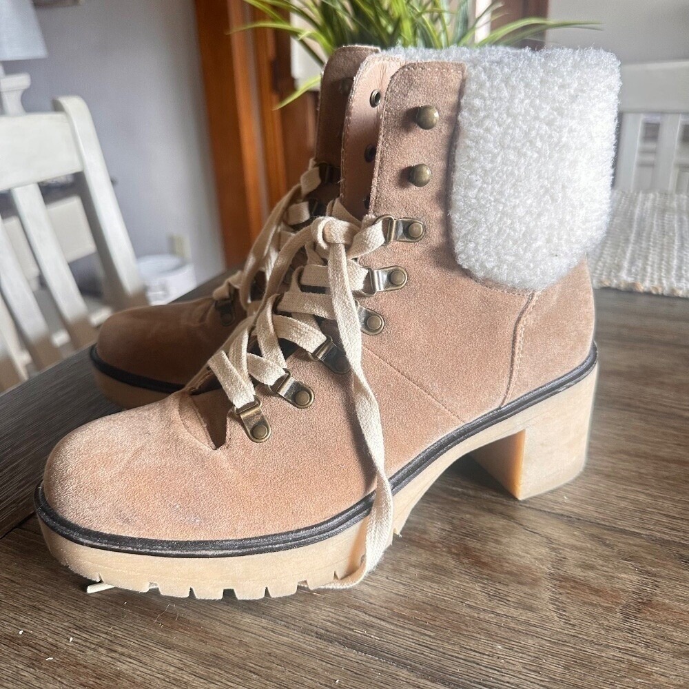 Oasis Society Tan Faux Suede Sherpa Trim Lace Up Hiking Boots Block Heel‎ 8.5